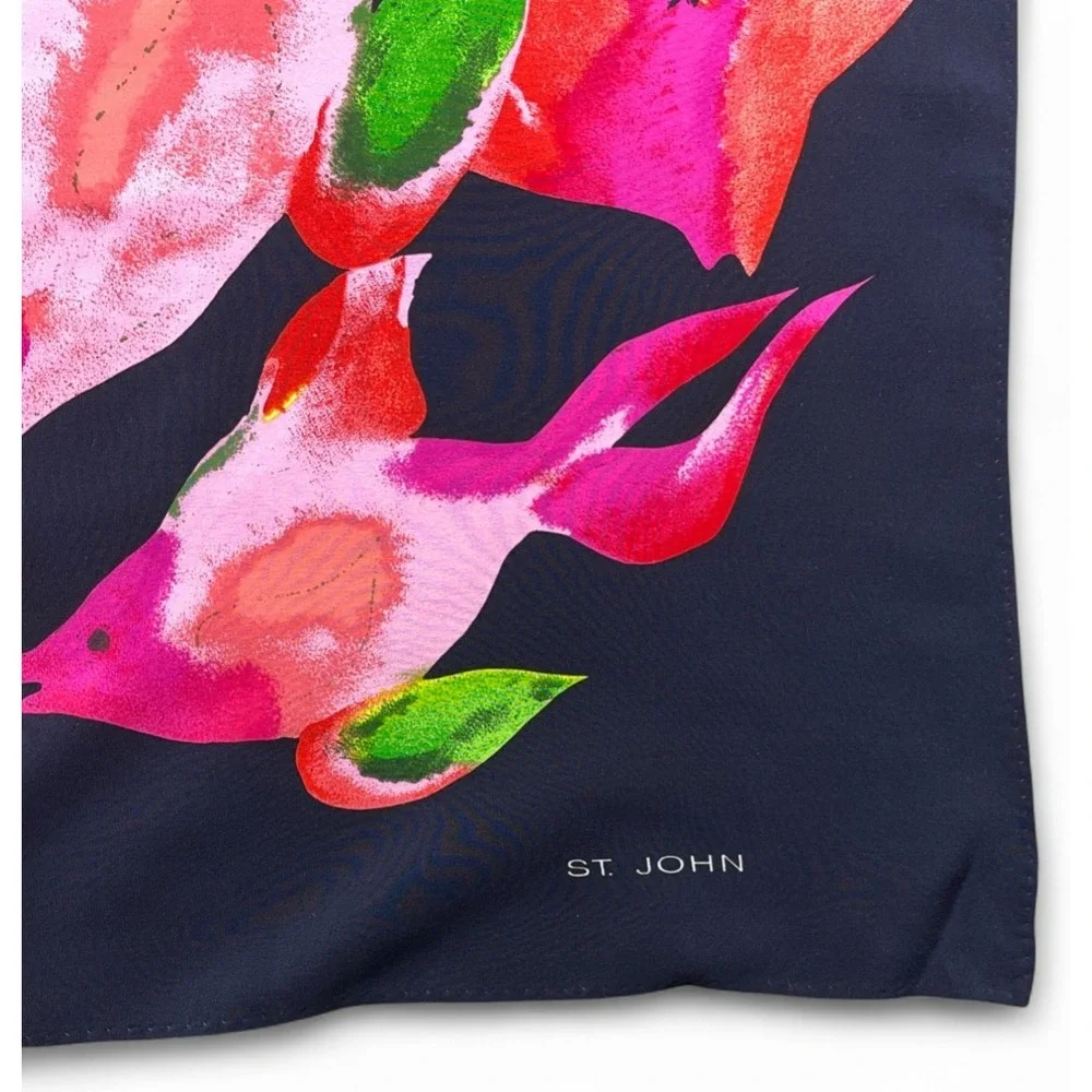 St John Silk Scarf Pink Navy Blue Fish Birds